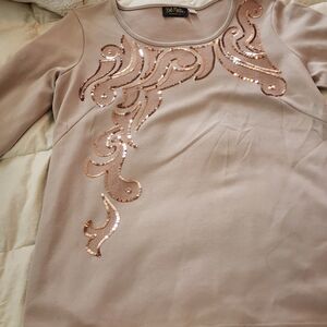 Vintage Bob Mackie Blush Long-Sleeve Top with Rose-Gold Sequin Swirl Lg